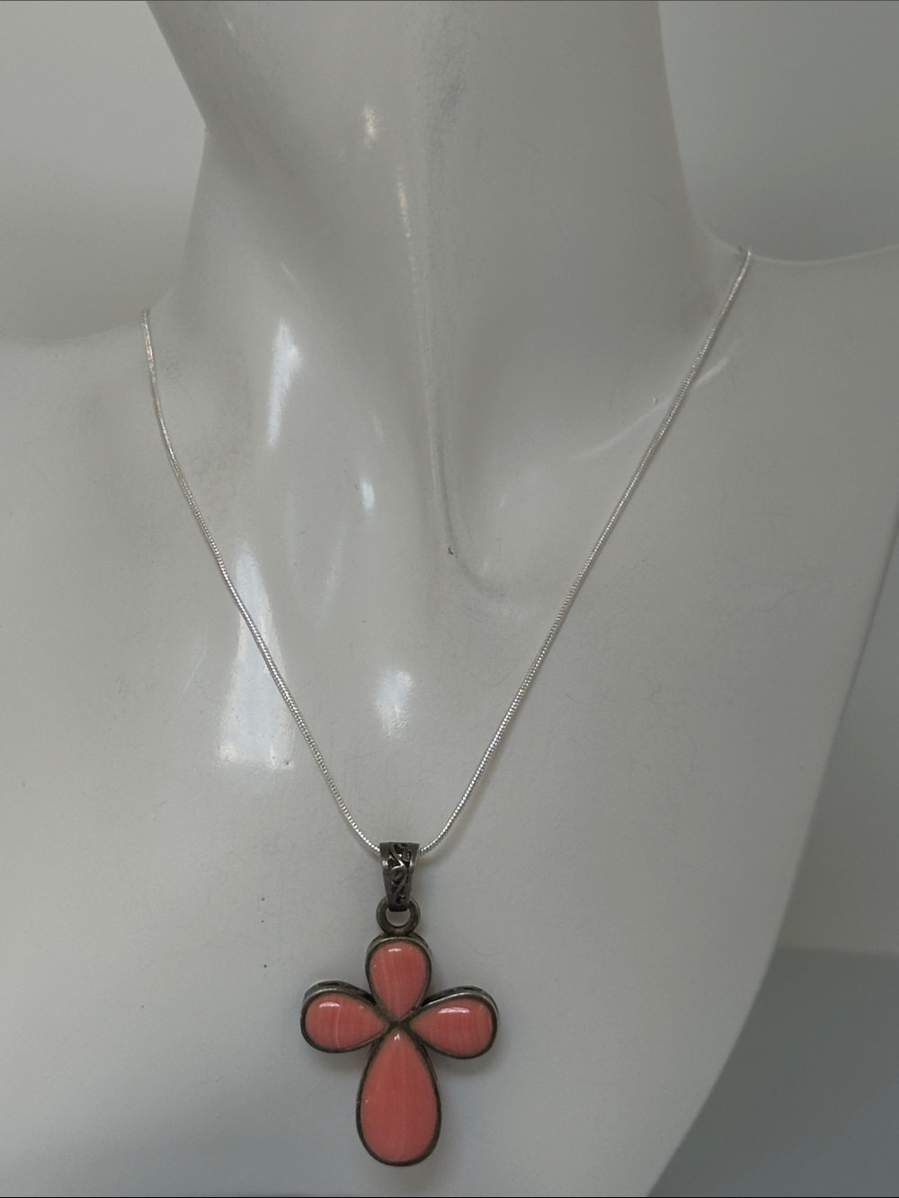 Elegant 925 Sterling  Pink Enamel Flower Cross Pendant Necklace